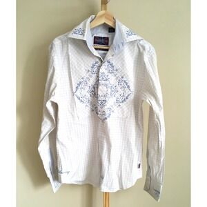 English Laundry Mens White Blue Plaid Embroidered Button Down Shirt Size S